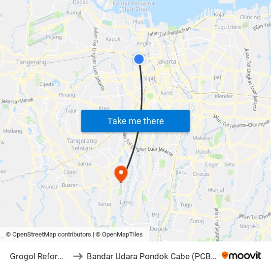 Grogol Reformasi Arah Timur to Bandar Udara Pondok Cabe (PCB) (Bandar Udara Pondok Cabe) map