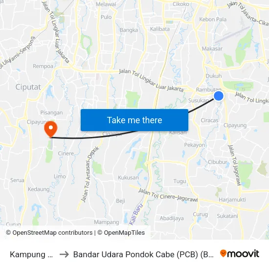 Kampung Rambutan to Bandar Udara Pondok Cabe (PCB) (Bandar Udara Pondok Cabe) map