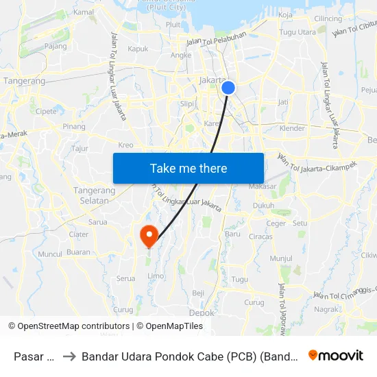 Pasar Senen to Bandar Udara Pondok Cabe (PCB) (Bandar Udara Pondok Cabe) map