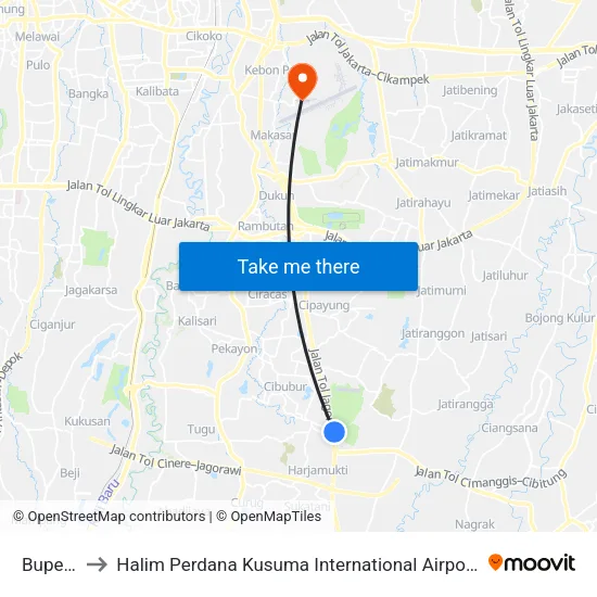 Buperta Cibubur to Halim Perdana Kusuma International Airport (HLP) (Bandar Udara Internasional Halim Perdana Kusuma) map