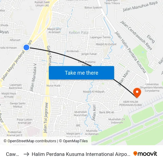 Cawang Cililitan to Halim Perdana Kusuma International Airport (HLP) (Bandar Udara Internasional Halim Perdana Kusuma) map
