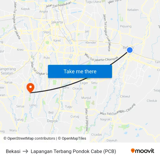 Bekasi to Lapangan Terbang Pondok Cabe (PCB) map
