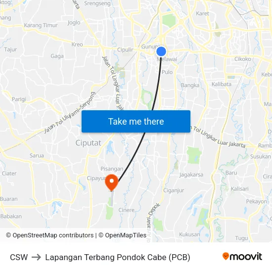 CSW to Lapangan Terbang Pondok Cabe (PCB) map