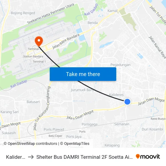 Kalideres to Shelter Bus DAMRI Terminal 2F Soetta Airport map
