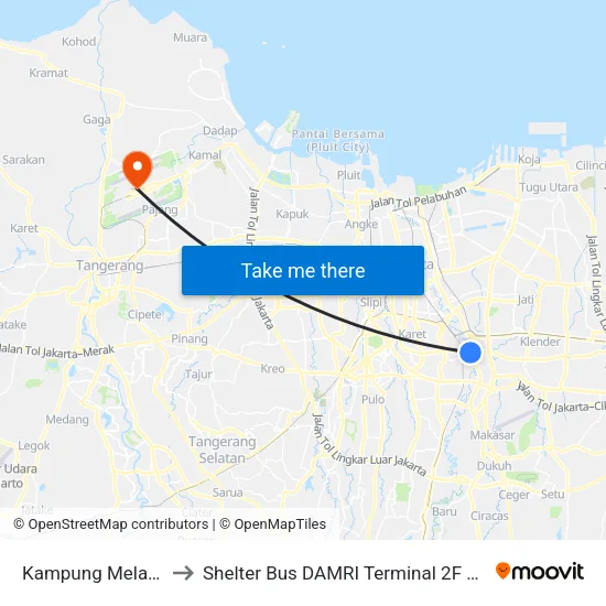 Kampung Melayu Kecil to Shelter Bus DAMRI Terminal 2F Soetta Airport map