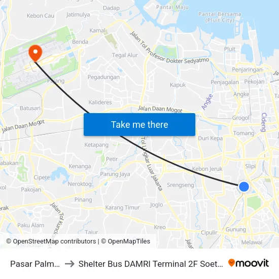Pasar Palmerah to Shelter Bus DAMRI Terminal 2F Soetta Airport map