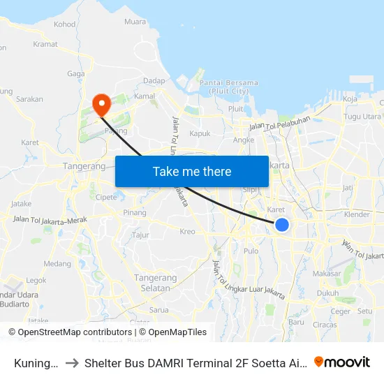 Kuningan to Shelter Bus DAMRI Terminal 2F Soetta Airport map