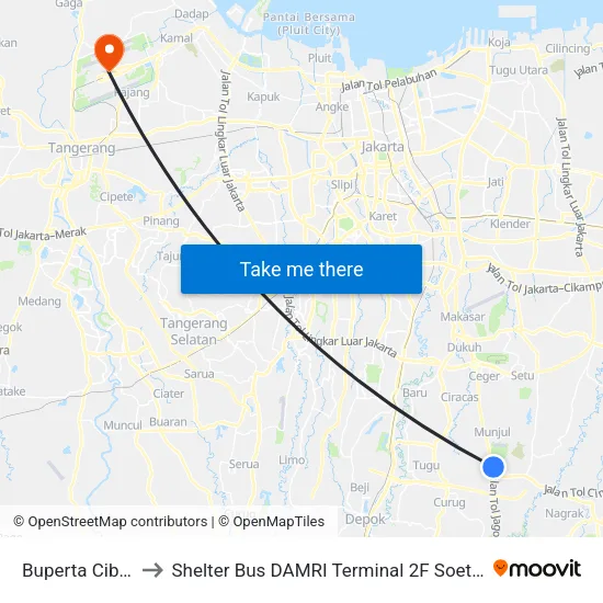 Buperta Cibubur to Shelter Bus DAMRI Terminal 2F Soetta Airport map
