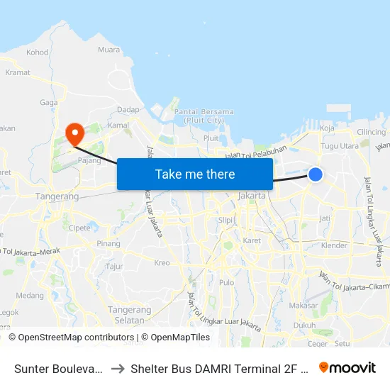 Sunter Boulevard Barat to Shelter Bus DAMRI Terminal 2F Soetta Airport map