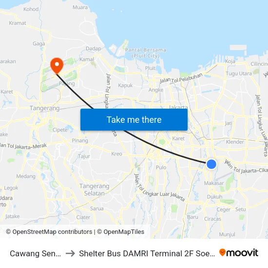 Cawang Sentral 2 to Shelter Bus DAMRI Terminal 2F Soetta Airport map