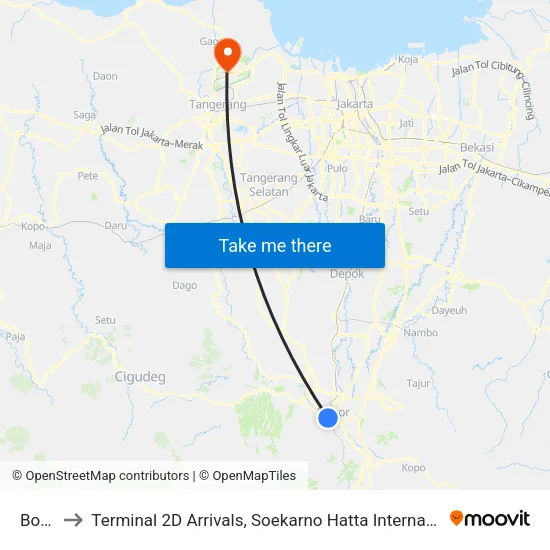 Bogor to Terminal 2D Arrivals, Soekarno Hatta International Airport. map