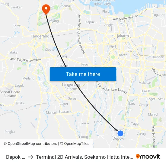 Depok Baru to Terminal 2D Arrivals, Soekarno Hatta International Airport. map