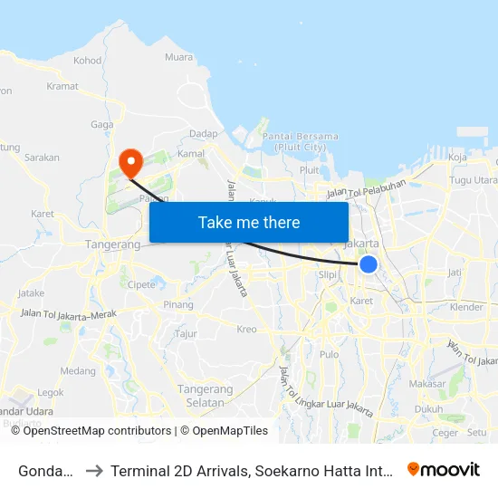 Gondangdia to Terminal 2D Arrivals, Soekarno Hatta International Airport. map