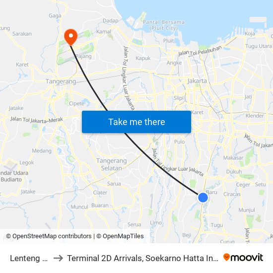 Lenteng Agung to Terminal 2D Arrivals, Soekarno Hatta International Airport. map