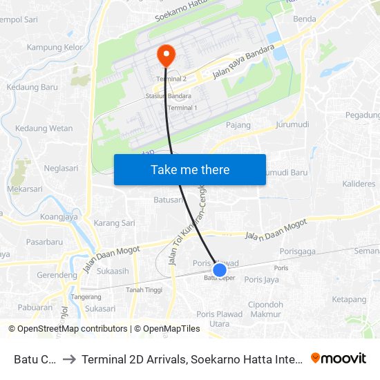 Batu Ceper to Terminal 2D Arrivals, Soekarno Hatta International Airport. map