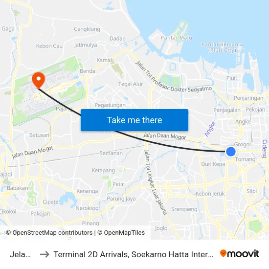 Jelambar to Terminal 2D Arrivals, Soekarno Hatta International Airport. map