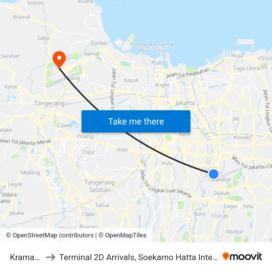 Kramat Jati to Terminal 2D Arrivals, Soekarno Hatta International Airport. map