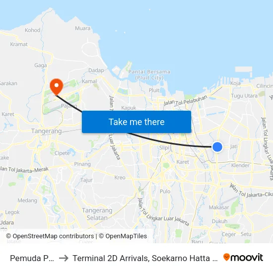 Pemuda Pramuka to Terminal 2D Arrivals, Soekarno Hatta International Airport. map