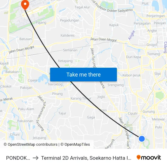 PONDOK Indah to Terminal 2D Arrivals, Soekarno Hatta International Airport. map