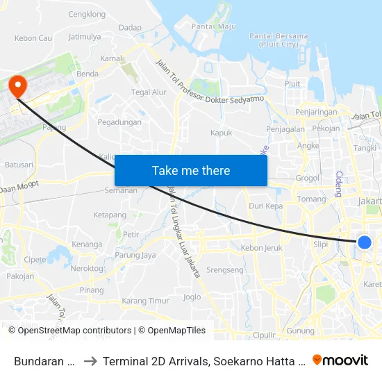 Bundaran HI Astra to Terminal 2D Arrivals, Soekarno Hatta International Airport. map