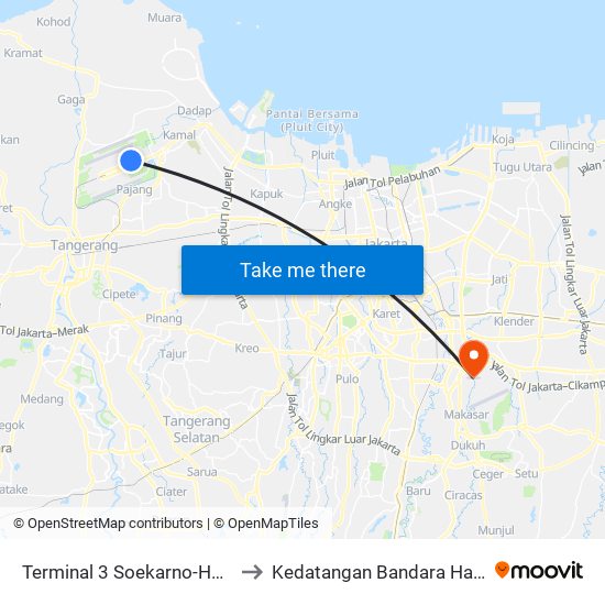 Terminal 3 Soekarno-Hatta to Kedatangan Bandara Halim map