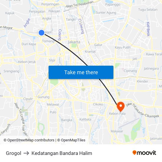 Grogol to Kedatangan Bandara Halim map