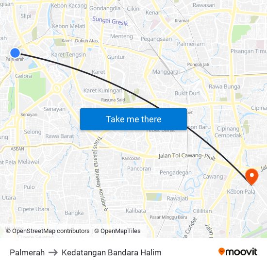 Palmerah to Kedatangan Bandara Halim map