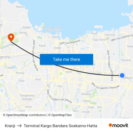 Kranji to Terminal Kargo Bandara Soekarno-Hatta map