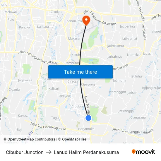 Cibubur Junction to Lanud Halim Perdanakusuma map