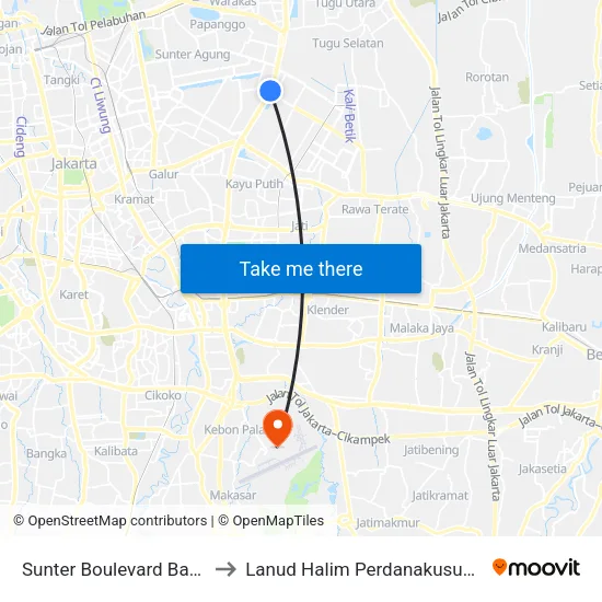 Sunter Boulevard Barat to Lanud Halim Perdanakusuma map