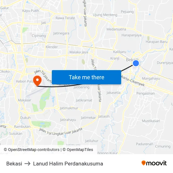 Bekasi to Lanud Halim Perdanakusuma map