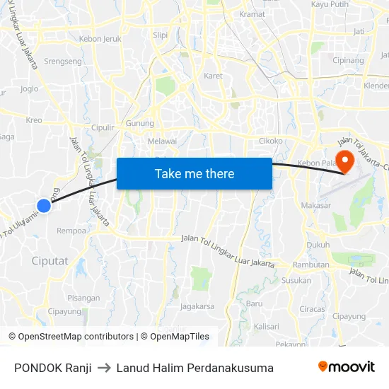PONDOK Ranji to Lanud Halim Perdanakusuma map