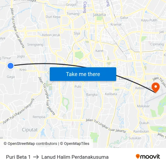Puri Beta 1 to Lanud Halim Perdanakusuma map