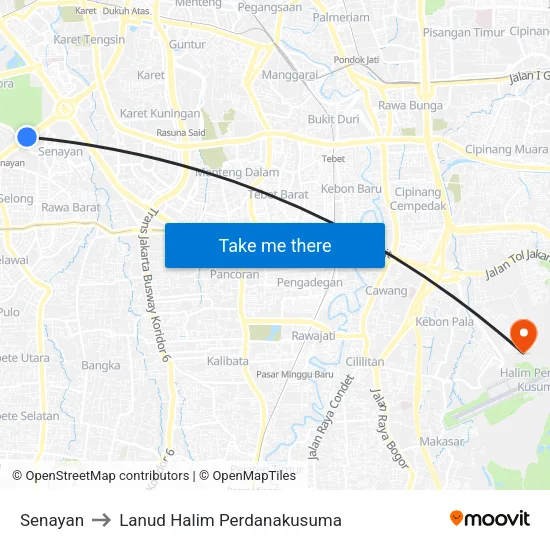 Senayan to Lanud Halim Perdanakusuma map