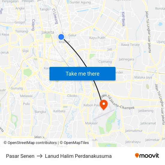 Pasar Senen to Lanud Halim Perdanakusuma map