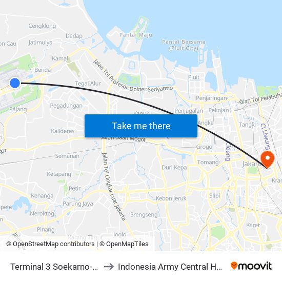 Terminal 3 Soekarno-Hatta to Indonesia Army Central Hospital map