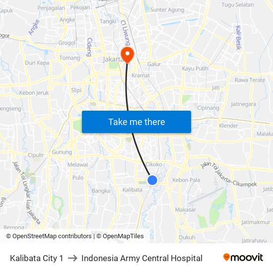 Kalibata City 1 to Indonesia Army Central Hospital map