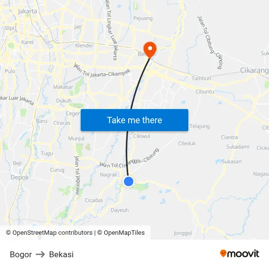 Bogor to Bekasi map