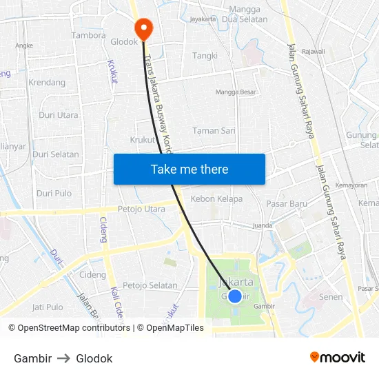 Gambir to Glodok map