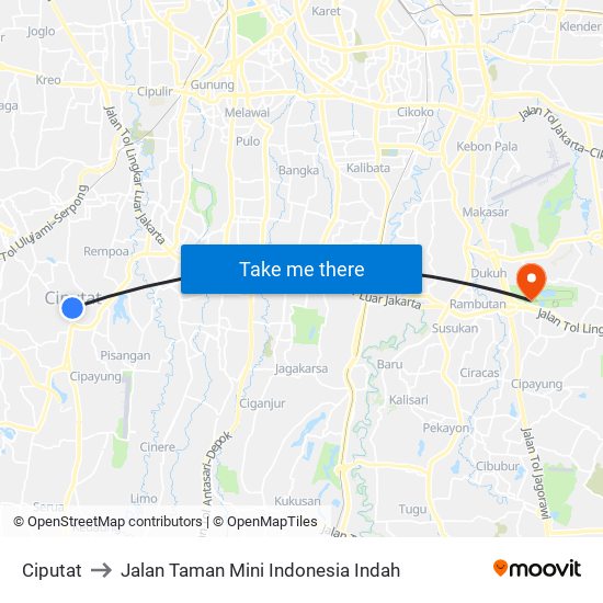 Ciputat to Jalan Taman Mini Indonesia Indah map