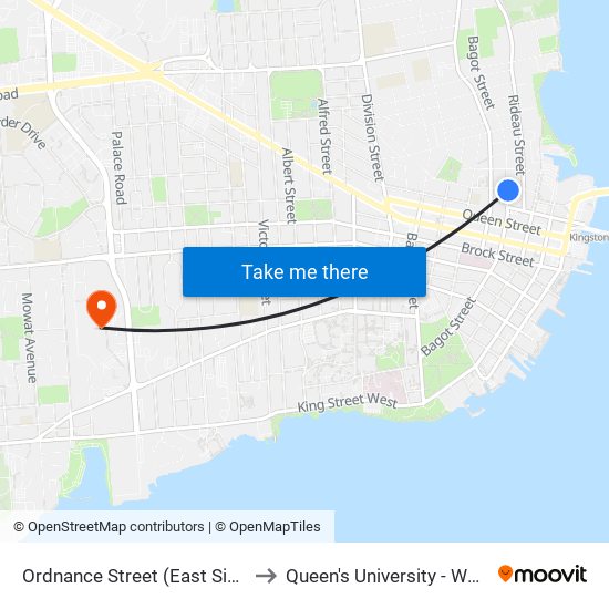 Ordnance Street (East Side Of Bagot) to Queen's University - West Campus map