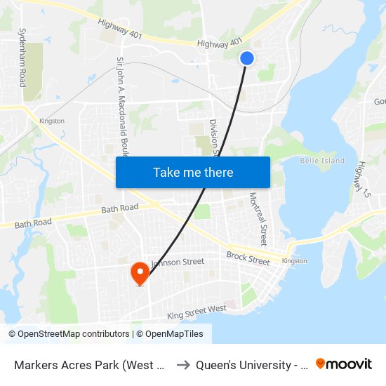 Markers Acres Park to Queen's University - West Campus map