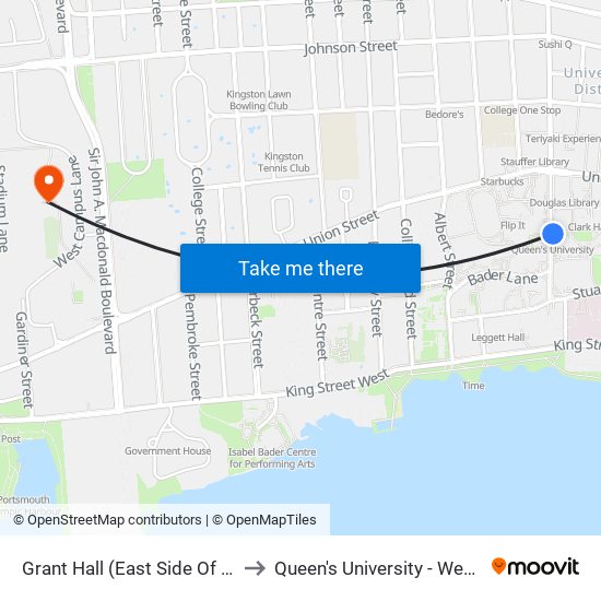 Grant Hall (East Side Of University) to Queen's University - West Campus map