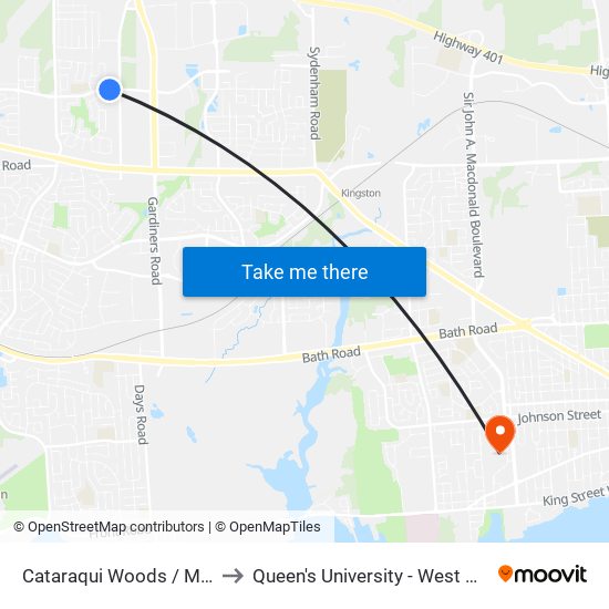 Cataraqui Woods / Midland to Queen's University - West Campus map