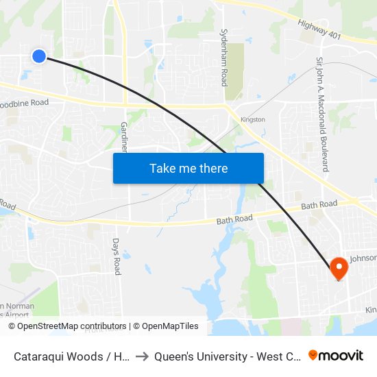 Cataraqui Woods / Holden to Queen's University - West Campus map