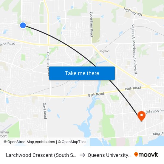 Larchwood Crescent (South Side Of Cataraqui Woods) to Queen's University - West Campus map