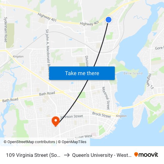 109 Virginia Street (South Side) to Queen's University - West Campus map