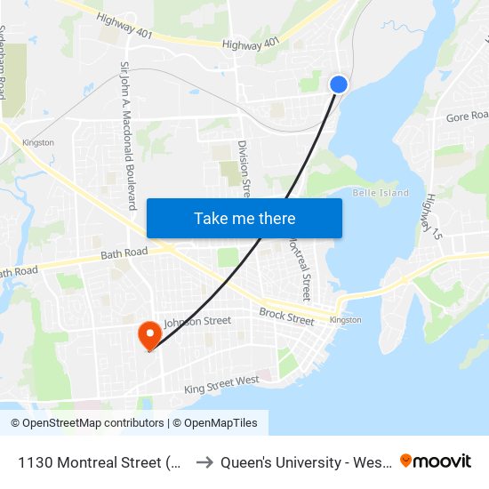 1130 Montreal Street (West Side) to Queen's University - West Campus map