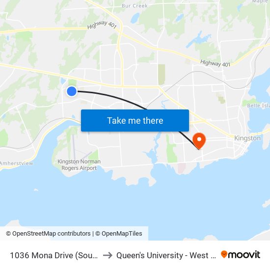 1036 Mona Drive (South Side) to Queen's University - West Campus map