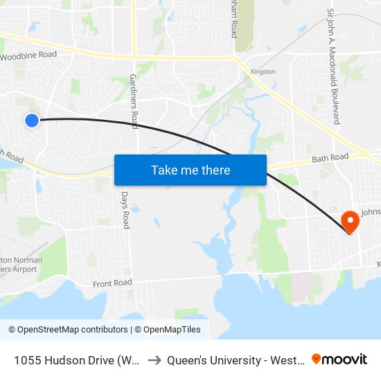 1055 Hudson Dr. to Queen's University - West Campus map